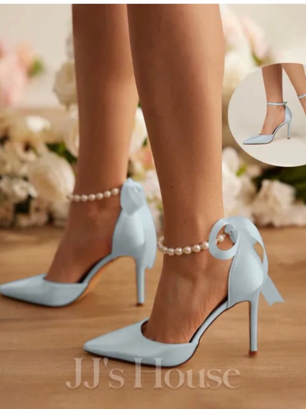 JJs House Women's Light Blue Pointed-Toe Stiletto Heels with Ankle Bow Accent